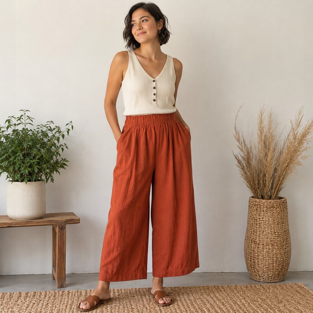 Sound Style linen blend orange pull-on pants XL business casual stretch wide leg